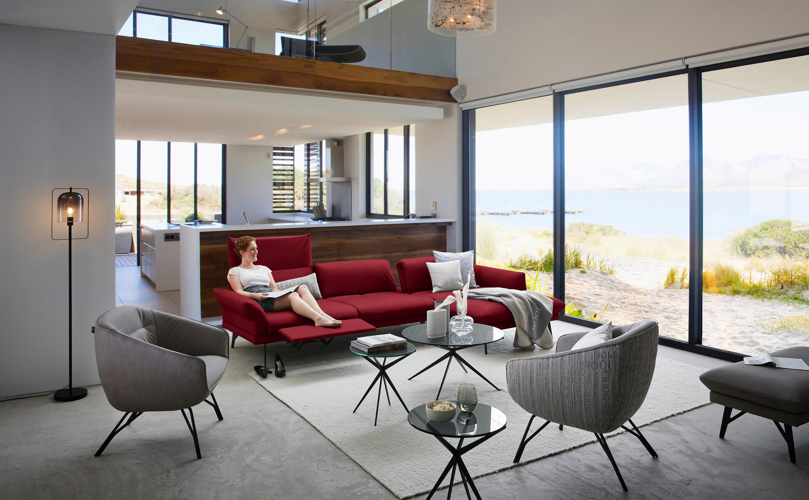 ECKSOFA in Echtleder Rot  308/173 cm  - Anthrazit/Rot, Design, Leder/Metall (308/173cm) - Joop!