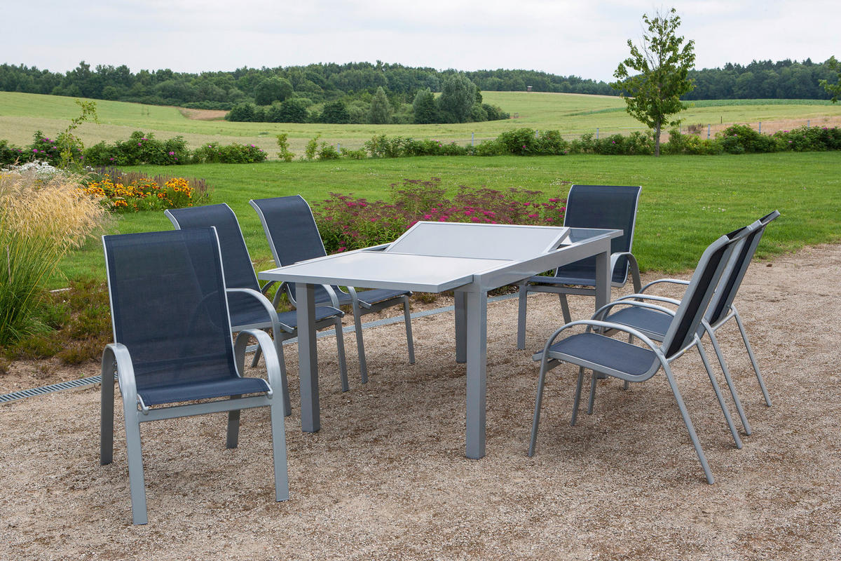 GARTENTISCHGRUPPE Netzbespannung Aluminium  - Blau/Silberfarben, ROMANTIK / LANDHAUS, Glas/Textil - Gardenson