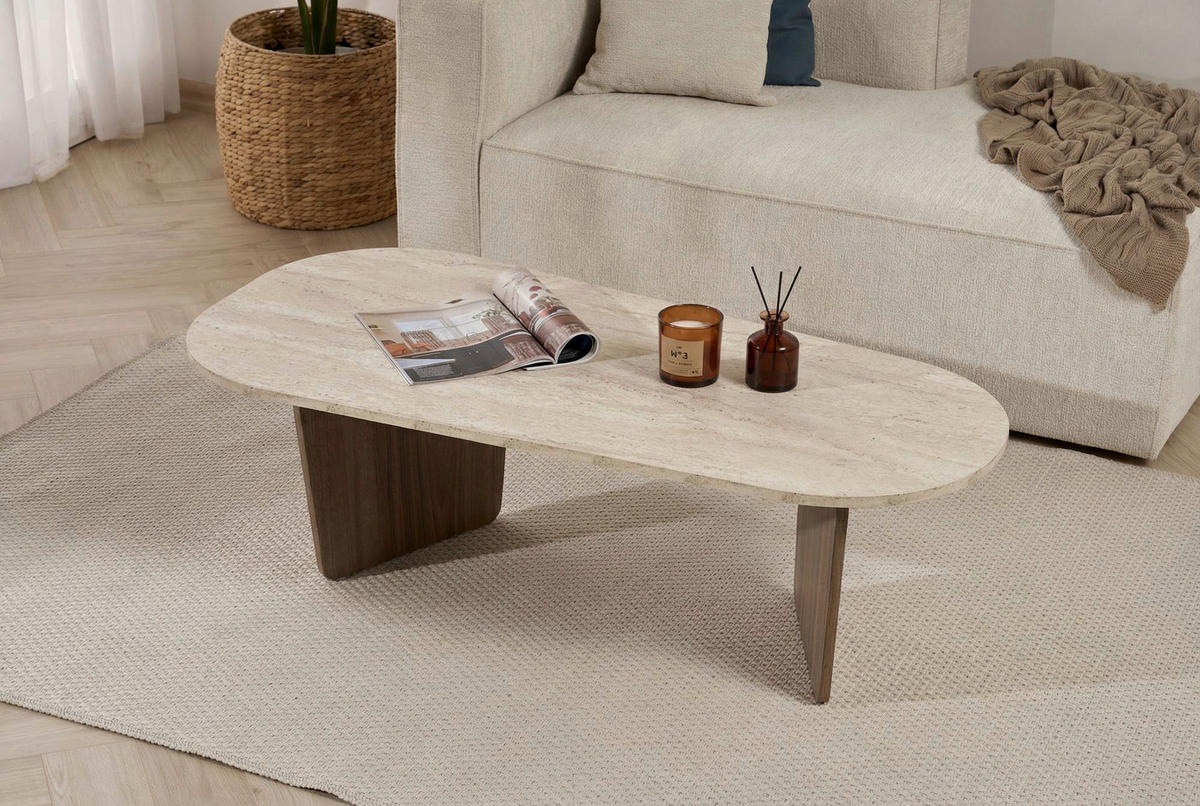 COUCHTISCH 130/65/40 cm Freiform Creme, Walnussfarben  - Walnussfarben/Creme, Design, Holzwerkstoff (130/65/40cm) - MID.YOU