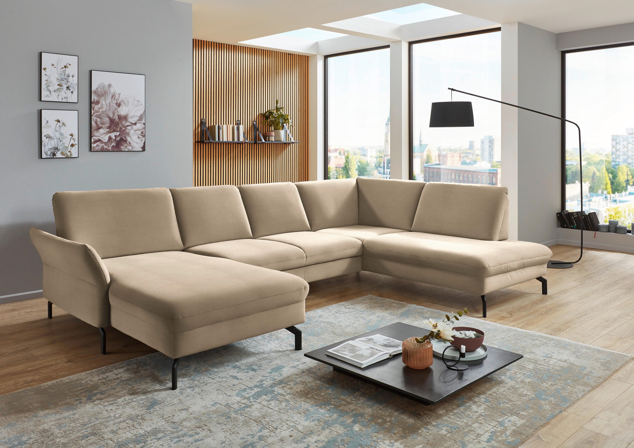 WOHNLANDSCHAFT Sandfarben Velours - Sandfarben/Schwarz, Design, Textil/Metall (179/335/220cm) - Beldomo System