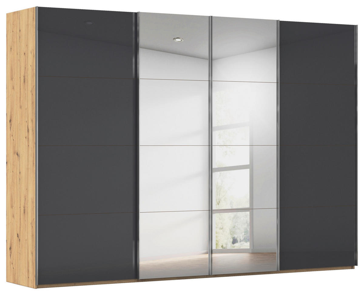 SCHWEBETÜRENSCHRANK  in Schwarz, Eiche Artisan  - Chromfarben/Schwarz, Design, Glas/Holzwerkstoff (316/235/68cm) - Novel