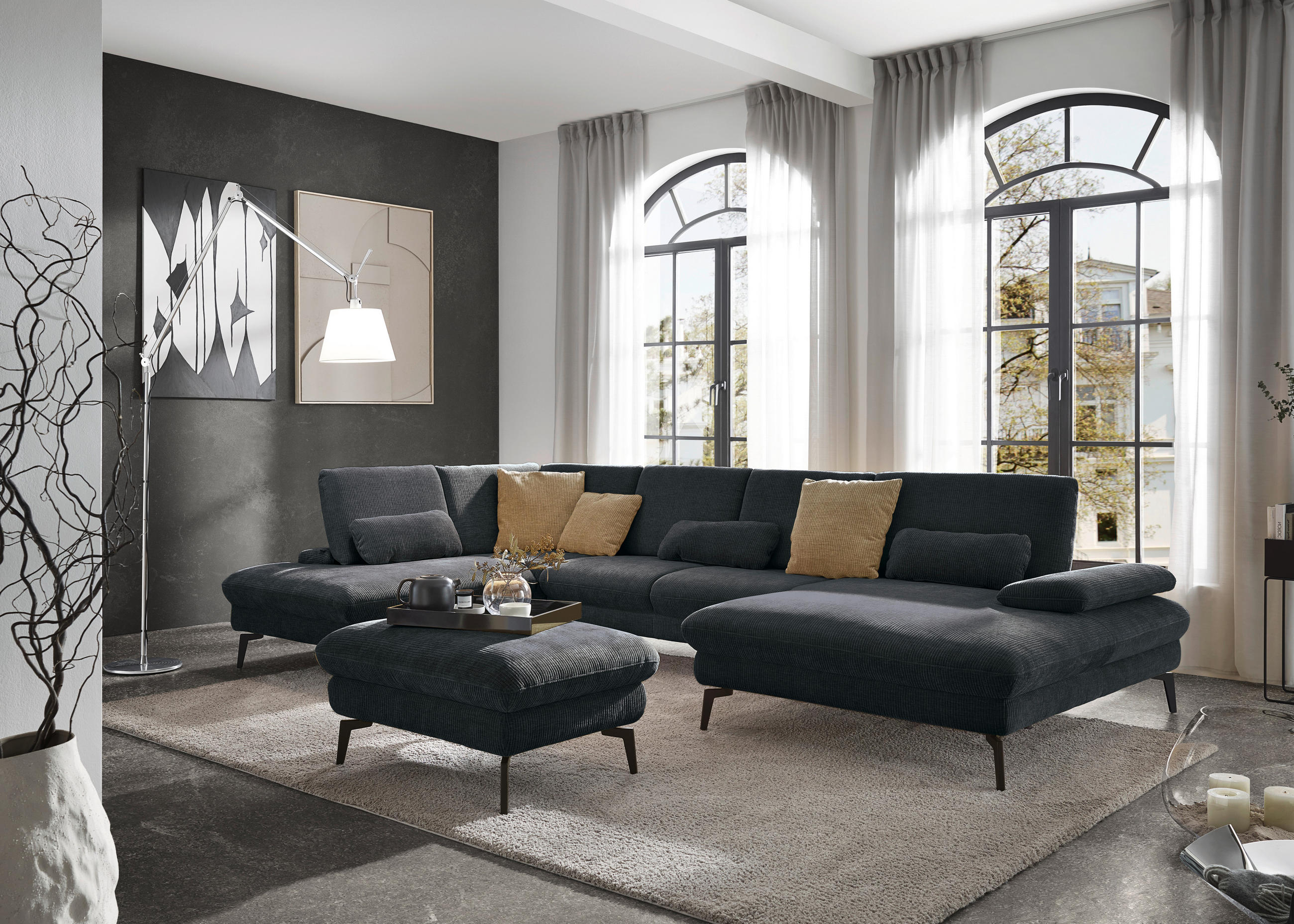 WOHNLANDSCHAFT in Webstoff Anthrazit  - Anthrazit/Schwarz, Design, Textil/Metall (208/354/157cm) - Dieter Knoll