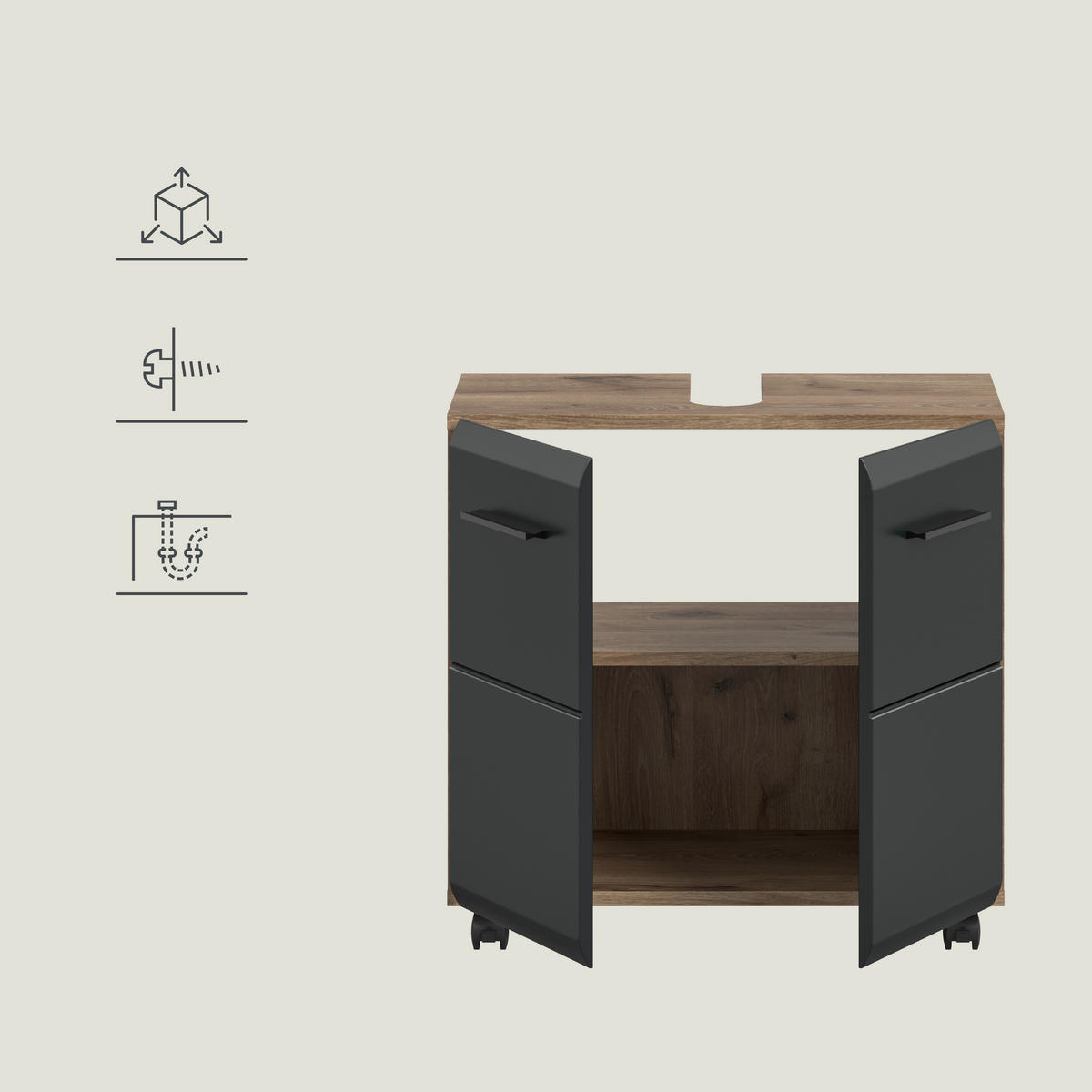 WASCHBECKENUNTERSCHRANK 60/58/30 cm  - Eiche dunkel/Schwarz, Trend, Holzwerkstoff/Kunststoff (60/58/30cm) - MID.YOU