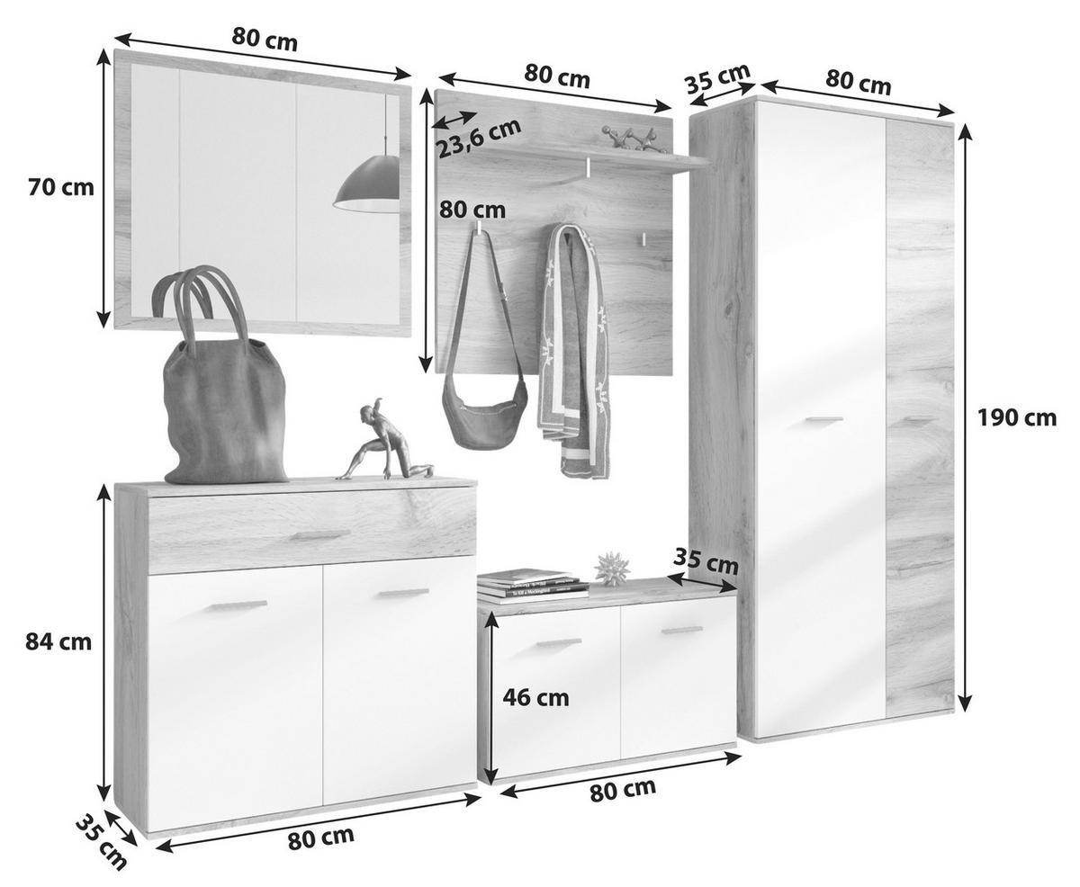 GARDEROBE 5-teilig  in 240/190/35 cm  - Eiche Wotan/Weiß, KONVENTIONELL, Glas/Holzwerkstoff (240/190/35cm) - Xora