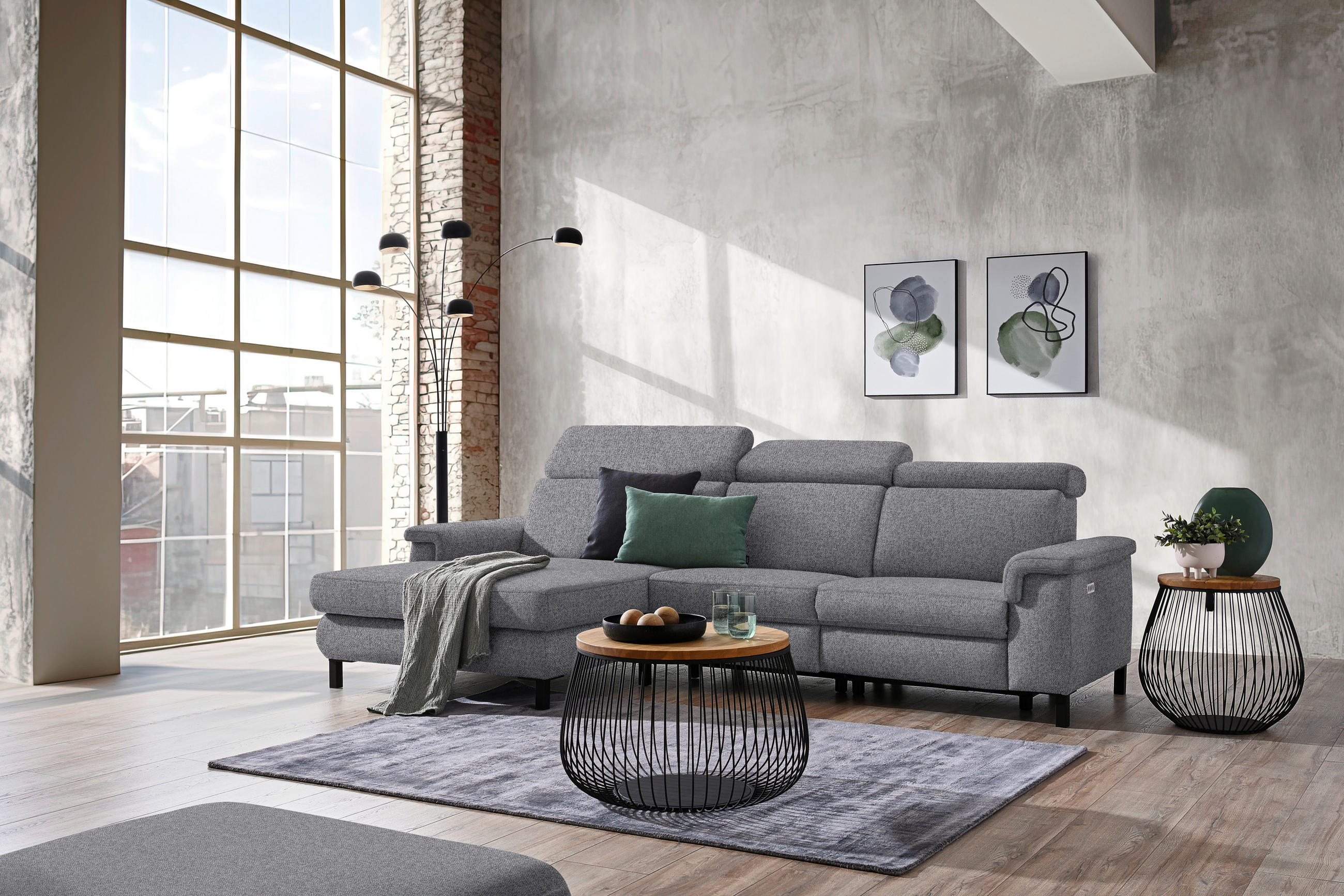 ECKSOFA in Flachgewebe Grau  - Schwarz/Grau, Konventionell, Textil/Metall (182/304cm) - Pure Home Comfort