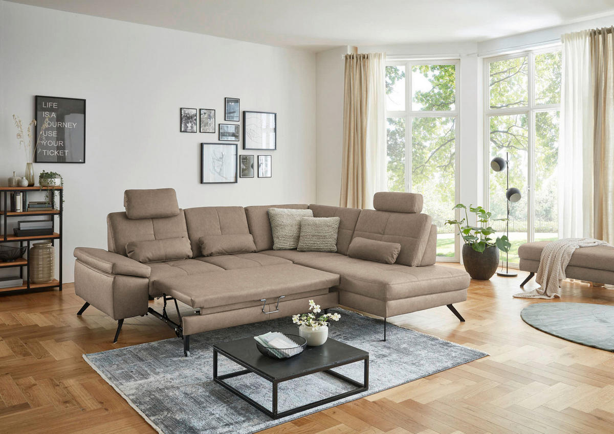 ECKSOFA in Lederlook, Mikrofaser Hellbraun  261/220 cm  - Hellbraun/Schwarz, Design, Textil/Metall (261/220cm) - Beldomo System