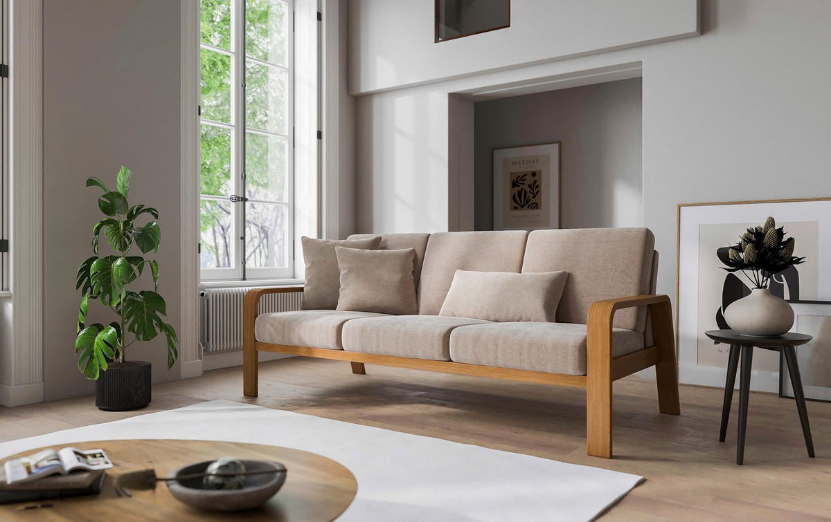 3-SITZER-SOFA in Mikrofaser Naturfarben  - Eichefarben/Naturfarben, Konventionell, Holz/Textil (200/91/93cm) - Livetastic