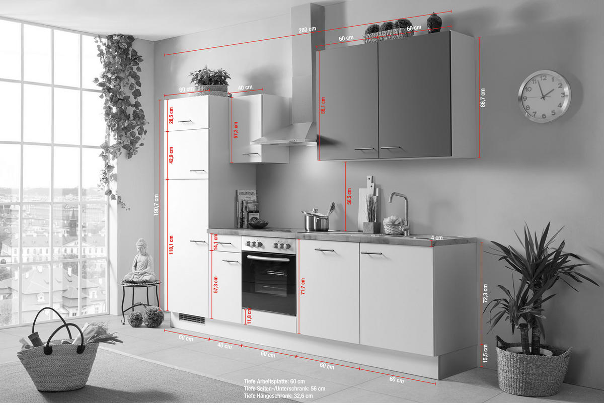 KÜCHENBLOCK 280 cm   in Eichefarben, Hellgrau, Dunkelgrün  - Dunkelgrün/Eichefarben, Basics, Holzwerkstoff/Metall (280cm) - Impuls
