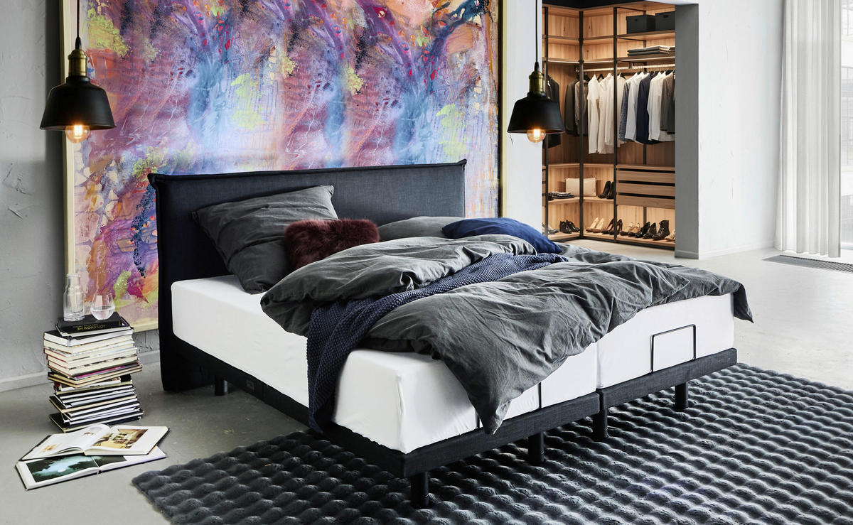 BOXBETT 180/200 cm,  in Graphitfarben, gepolstertes Kopfteil, Beleuchtung, Soundsystem, motorische Verstellbarkeit, Fernbedienung, Matratzen, Befestigungsmaterial, Unterbodenbeleuchtung, H3 = fest  - Schwarz/Graphitfarben, Design, Textil/Metall (180/200cm) - Chameo