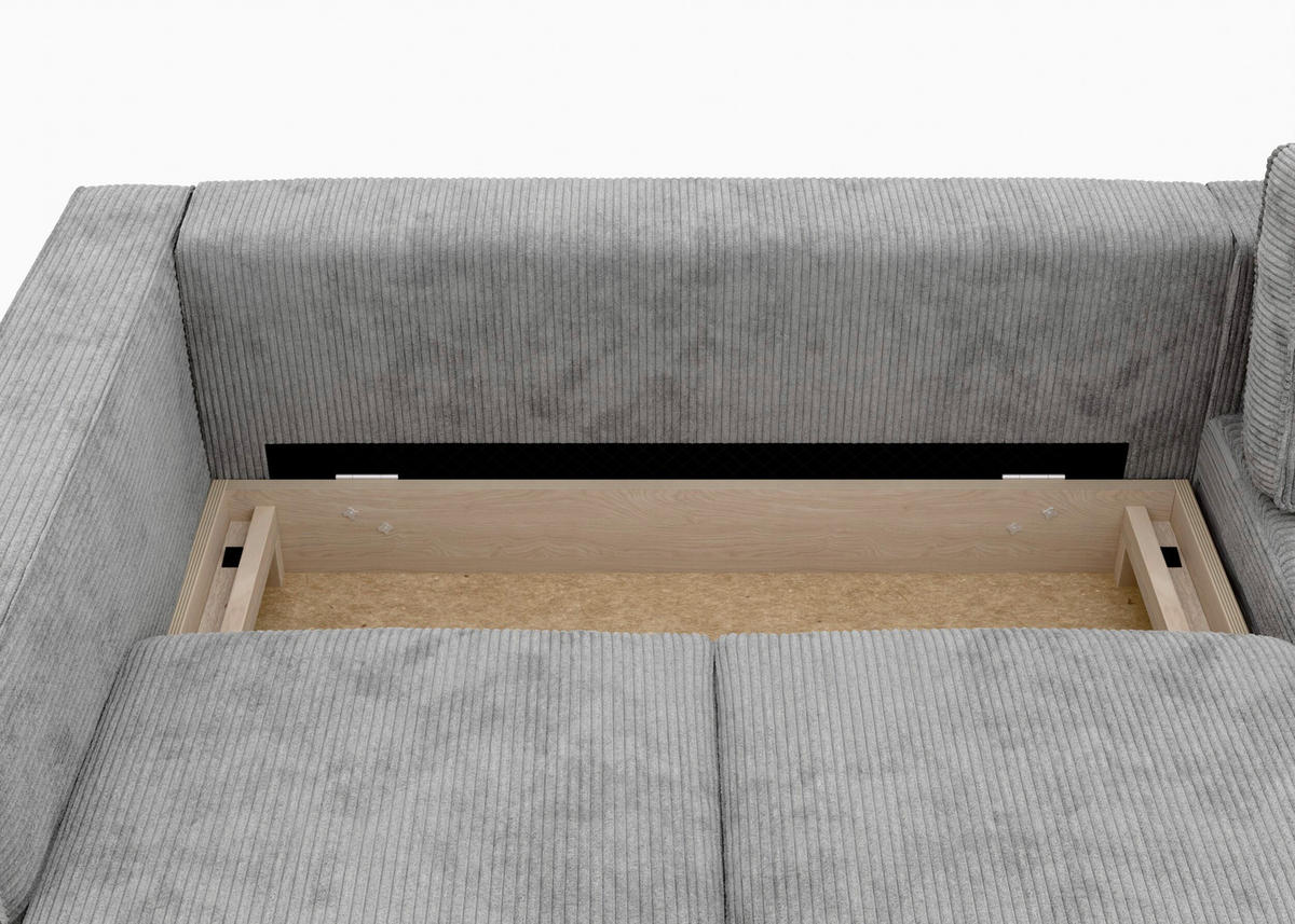 ECKSCHLAFSOFA WATKINS  mit Schlafen auf Sitzhöhe, Rücken echt, Armteil links, Armteil rechts Cord Grau  - Schwarz/Grau, MODERN, Textil/Metall (232/161cm) - Trendmanufaktur
