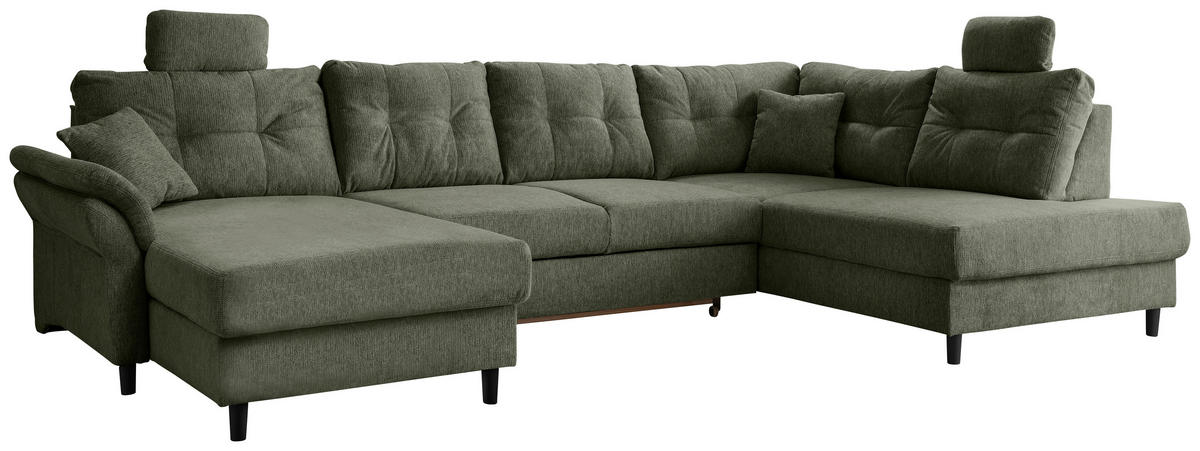 WOHNLANDSCHAFT in Chenille Dunkelgrün  - Dunkelgrün/Schwarz, Modern, Holz/Textil (176/338/206cm) - Livetastic