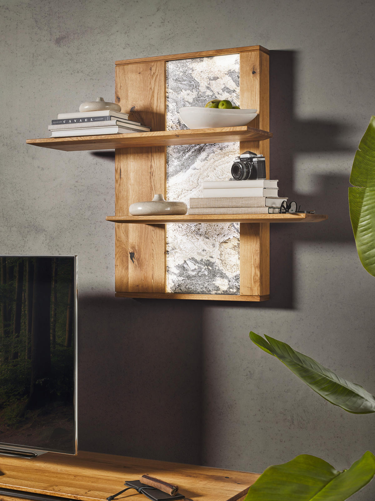 WOHNWAND  in Eichefarben 320/205,7/53,7 cm  - Eichefarben/Schwarz, Natur, Glas/Holz (320/205,7/53,7cm) - Valnatura
