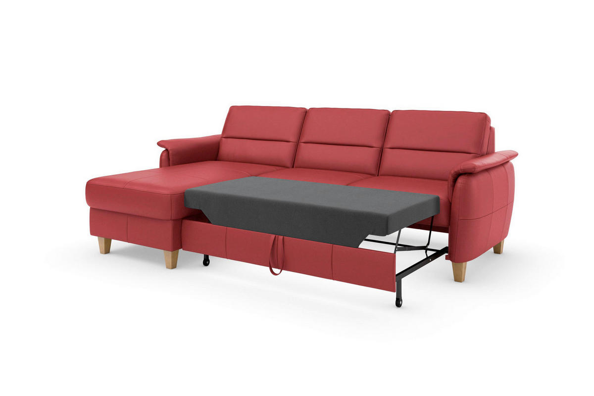 ECKSOFA PALMERA E Rot Kombination Echtleder/Stoff Mikrofaser Bettkasten  - Eichefarben/Rot, Basics, Leder/Holz (163/244cm) - Sit & More
