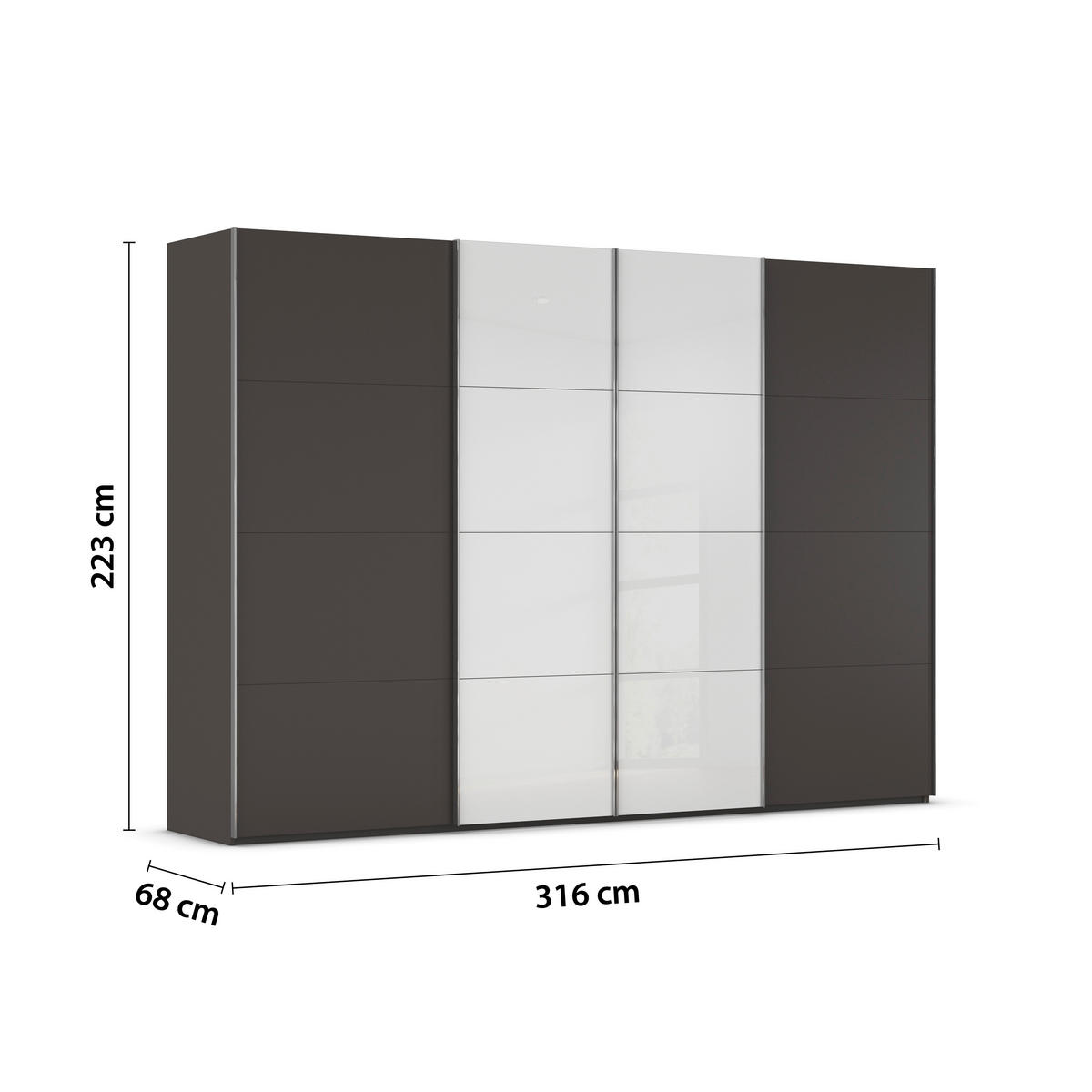 SCHWEBETÜRENSCHRANK 316/223/68 cm 4-türig Graphitfarben, Weiß  - Chromfarben/Graphitfarben, KONVENTIONELL, Glas/Holzwerkstoff (316/223/68cm) - Novel