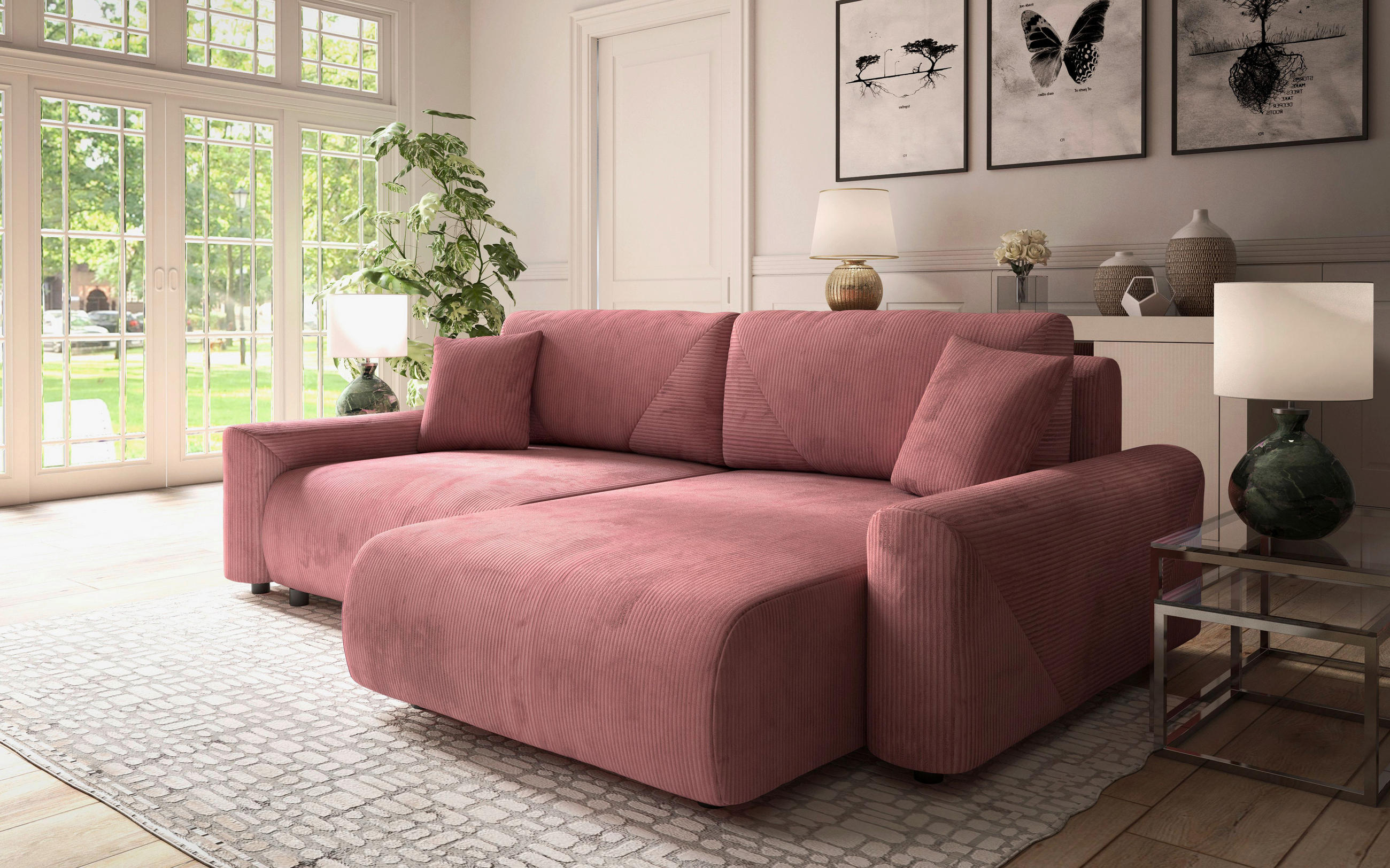 Ecksofa inkl. Funktionen Pink Cord  - Pink/Schwarz, MODERN, Kunststoff/Textil (238/168cm) - Stylife