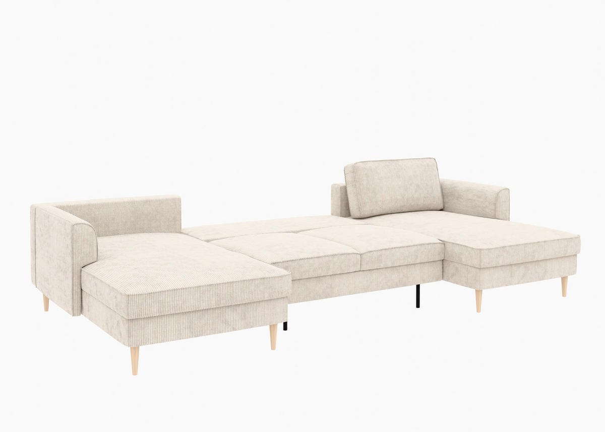 WOHNLANDSCHAFT Cord Creme  - Buchefarben/Creme, Modern, Holz/Textil (161/306/161cm) - Trendmanufaktur