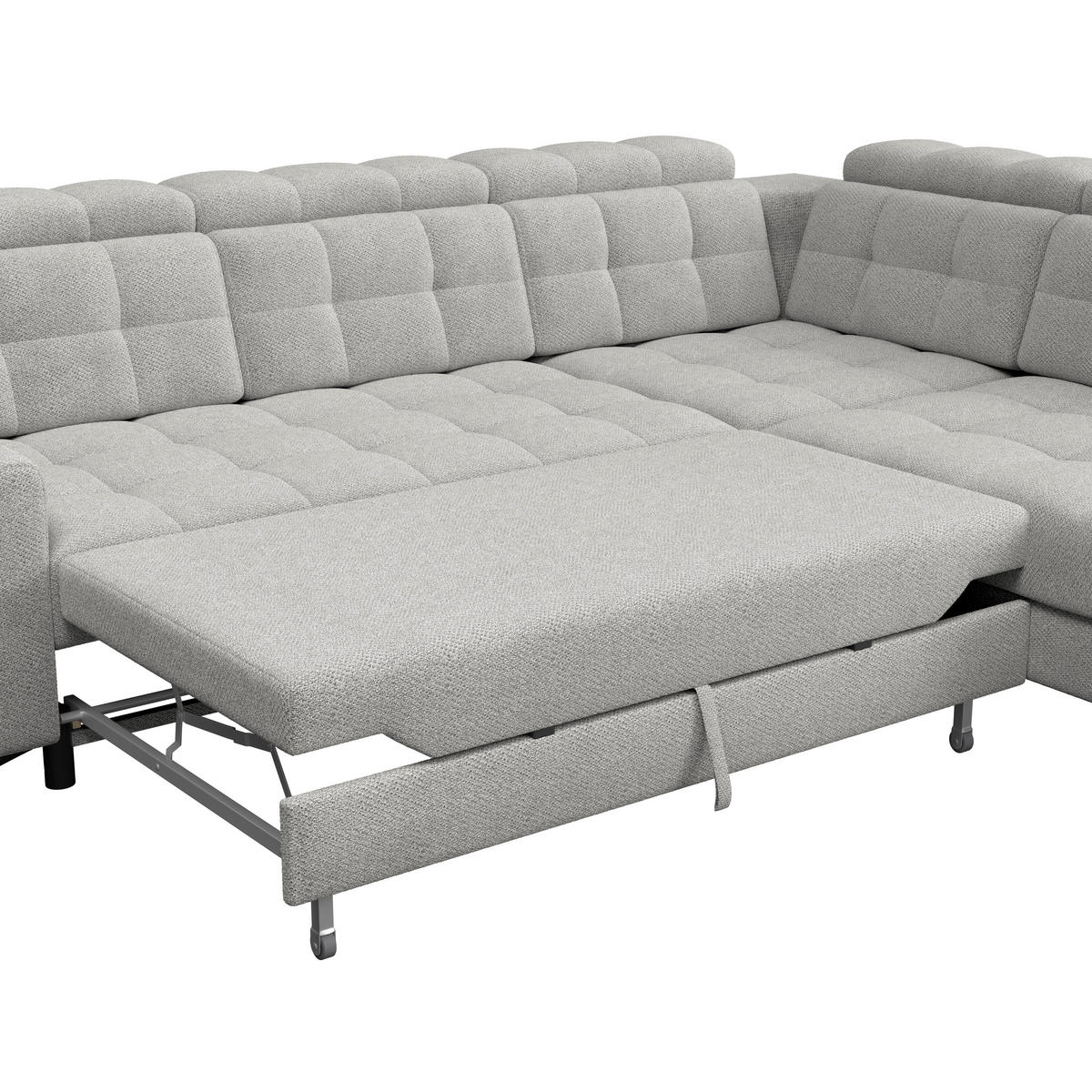 ECKSOFA BARLETTA NEW Hellgrau Velours Bettkasten, Kopfteilverstellung, Sitztiefenverstellung, Liegefläche im Originalstoff  - Hellgrau/Schwarz, ROMANTIK / LANDHAUS, Textil/Metall (289/228cm) - MID.YOU