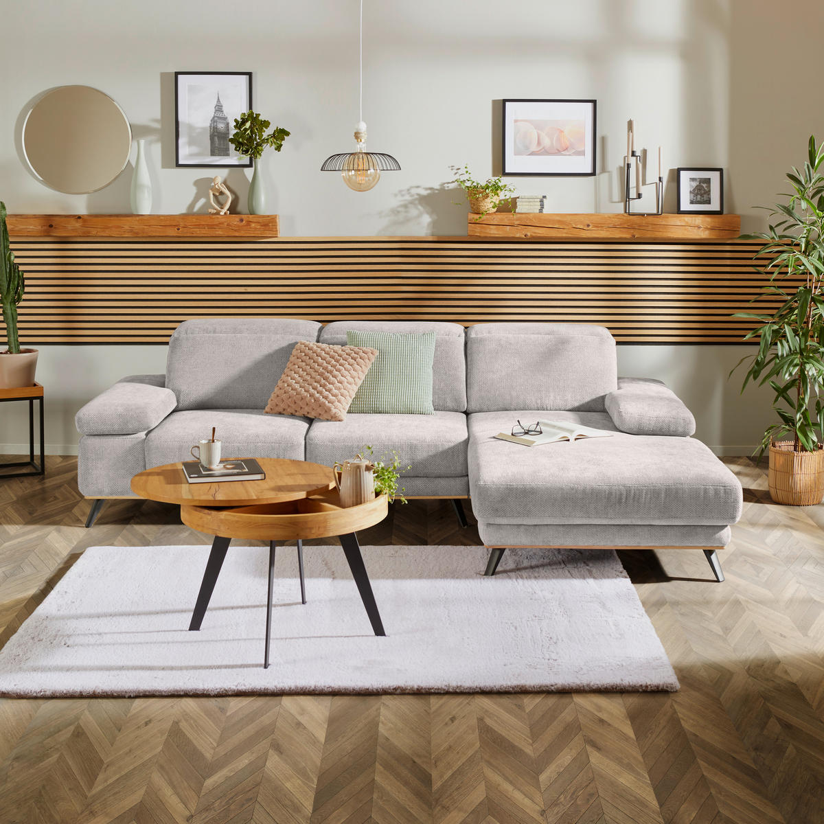 ECKSOFA ROYCE Perlmutt Struktur  - Perlmutt/Schwarz, MODERN, Textil/Metall (283/194cm) - MID.YOU