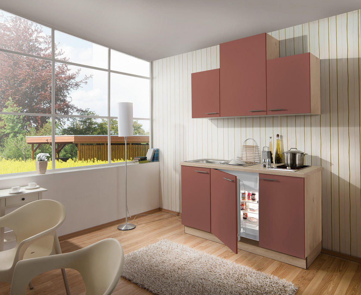 MINIKÜCHE 150 cm   in Rot, Wildeiche  - Wildeiche/Rot, KONVENTIONELL, Holzwerkstoff/Metall (150cm) - Welnova