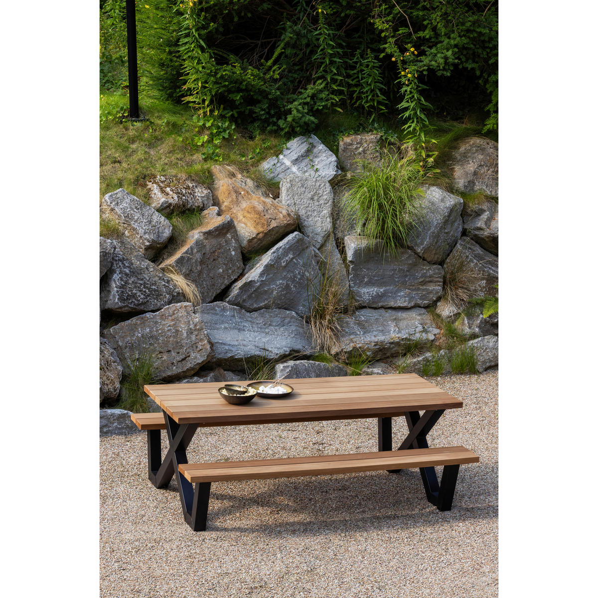 GARTENTISCHGRUPPE Abachivollmassiv  - Schwarz/Naturfarben, MODERN, Holz (206/145/75cm) - Livetastic