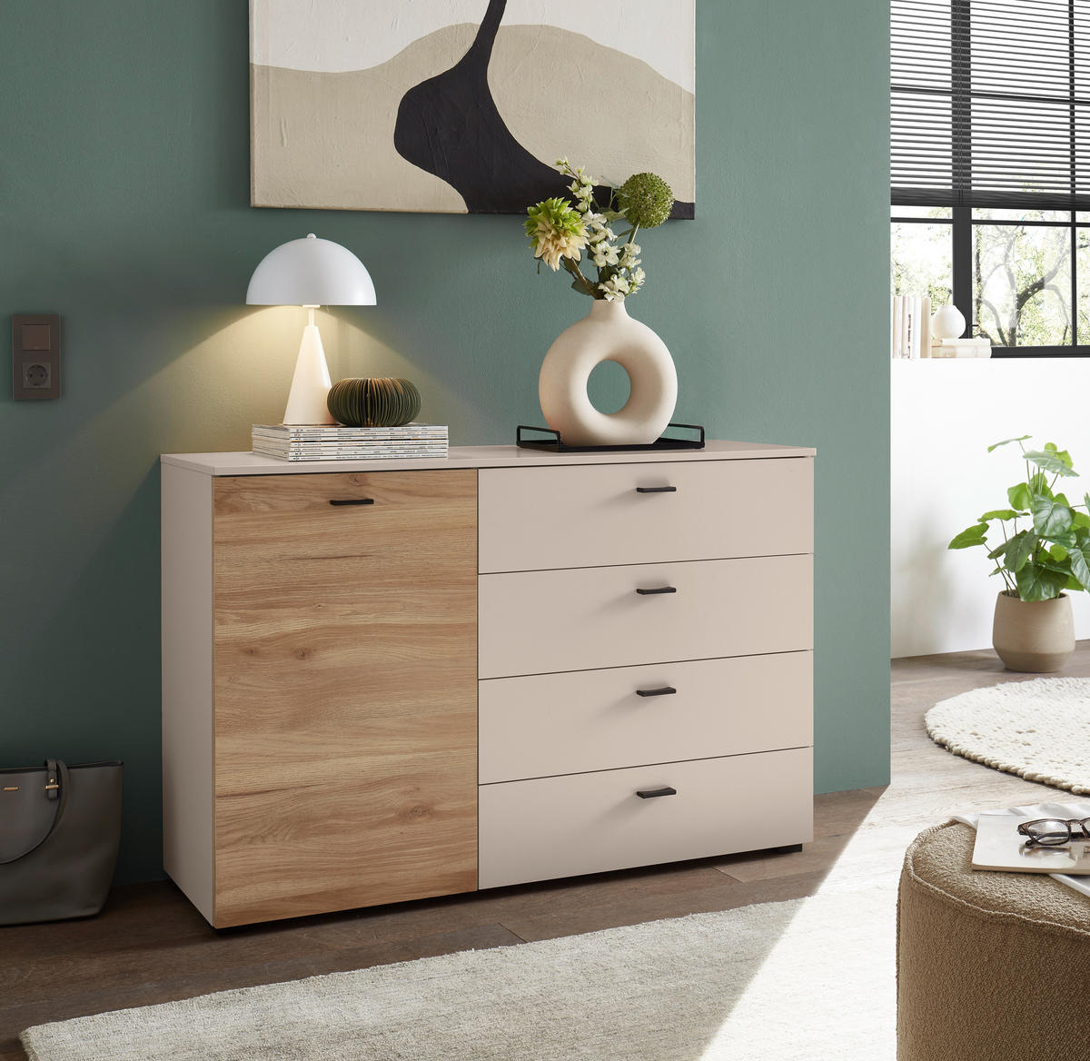 ŠIROKA KOMODA, barve hrasta, kašmir  - črna/kašmir, Konvencionalno, kovina/umetna masa (125/83,2/38cm) - Hom`in