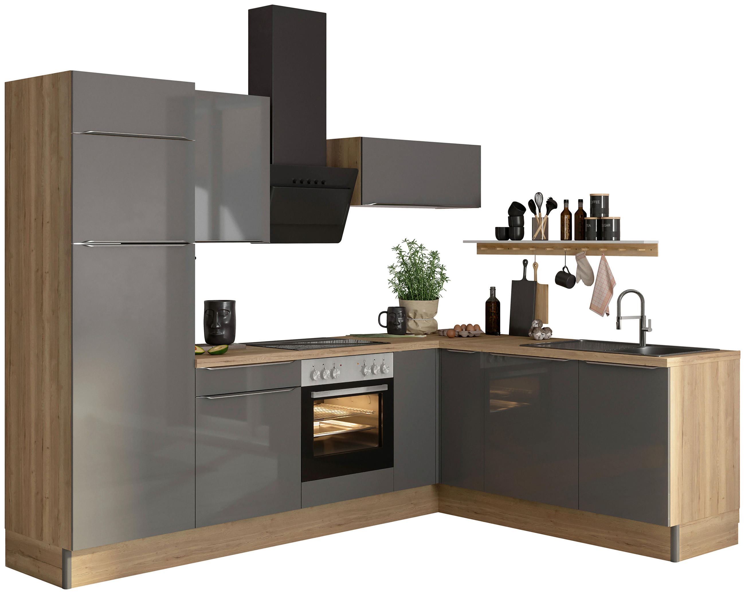 ECKKÜCHE 270/200 cm  in Anthrazit, Eichefarben  - Edelstahlfarben/Eichefarben, Basics, Holzwerkstoff/Metall (270/200cm) - Optifit