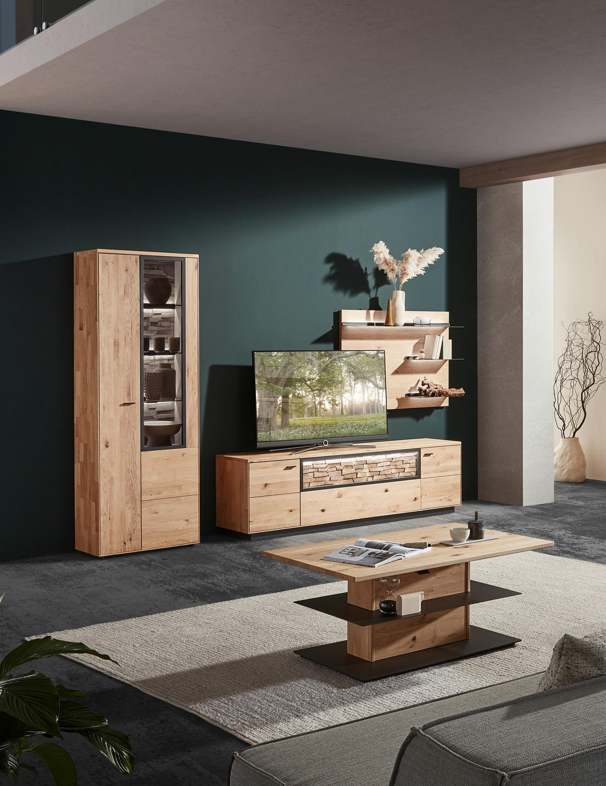 WOHNWAND  in Wildeiche 328,8/207,1/45,2 cm  - Wildeiche/Graphitfarben, Natur, Glas/Holz (328,8/207,1/45,2cm) - Valnatura