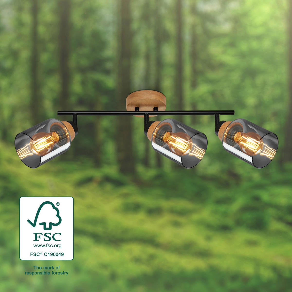 DECKENSPOTS 47/11/24 cm   - Eichefarben/Schwarz, Design, Glas/Holz (47/11/24cm)