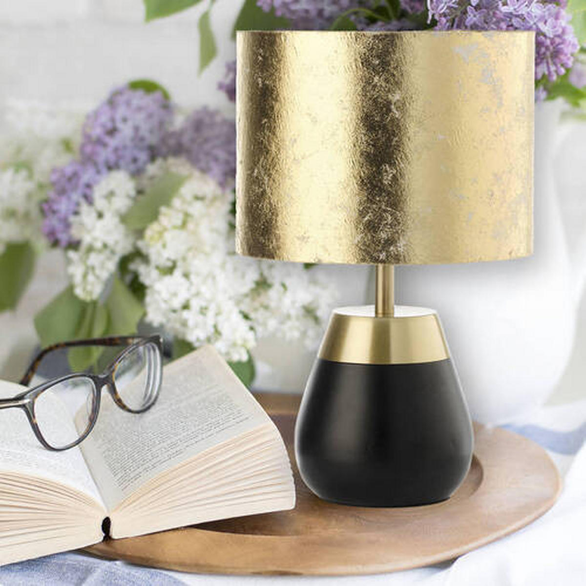 LAMPA NA NOČNÍ STOLEK, E27, 23/37.5 cm  - černá/barvy zlata, Konvenční, kov/textil (23/37.5cm)