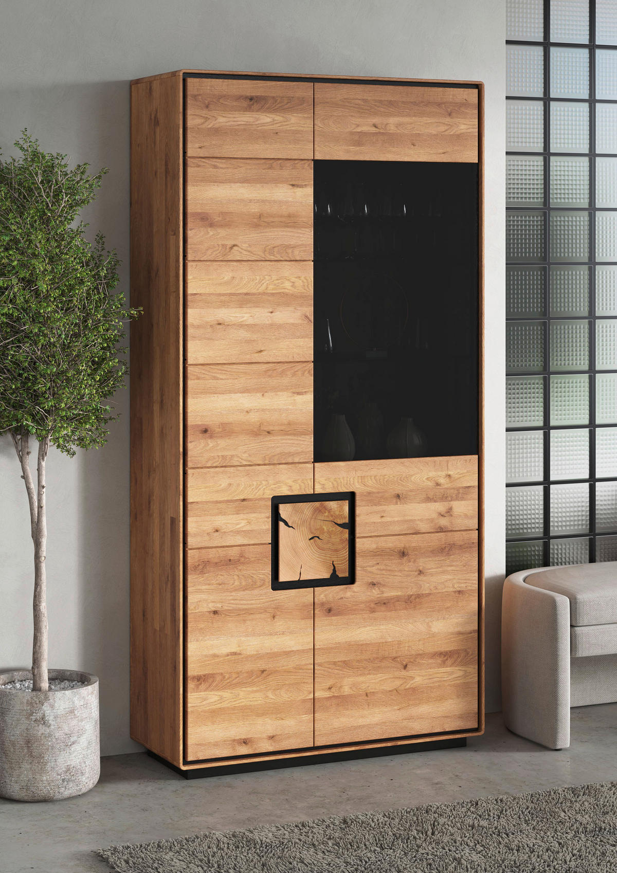 VITRINE  in massiv Wildeiche Schwarz, Wildeiche  - Wildeiche/Schwarz, Basics, Holz (100cm) - Livetastic