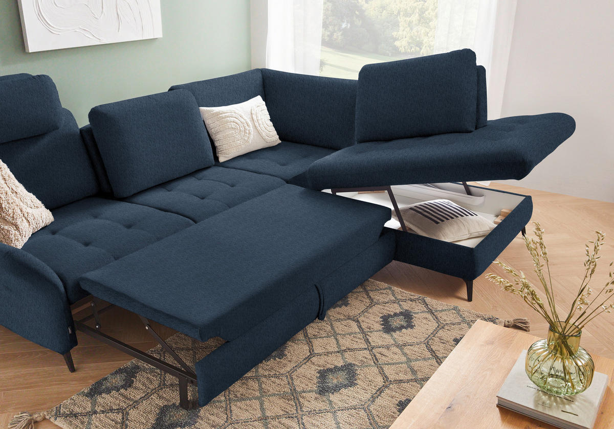 ECKSOFA Blau Chenille  - Blau/Schwarz, Natur, Textil/Metall (288/233cm) - Valnatura