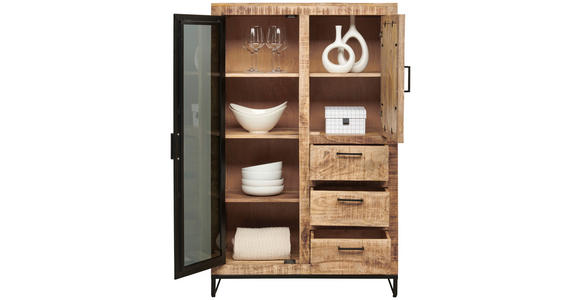 HIGHBOARD Mangoholz massiv Naturfarben, Hellbraun  - Hellbraun/Schwarz, Design, Glas/Holz (90/142/40cm) - Carryhome