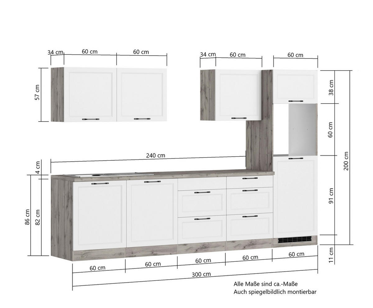 KÜCHENLEERBLOCK 300 cm   in Weiß, Eiche Wotan  - Eiche Wotan/Schwarz, LIFESTYLE, Holzwerkstoff/Metall (300cm) - Held