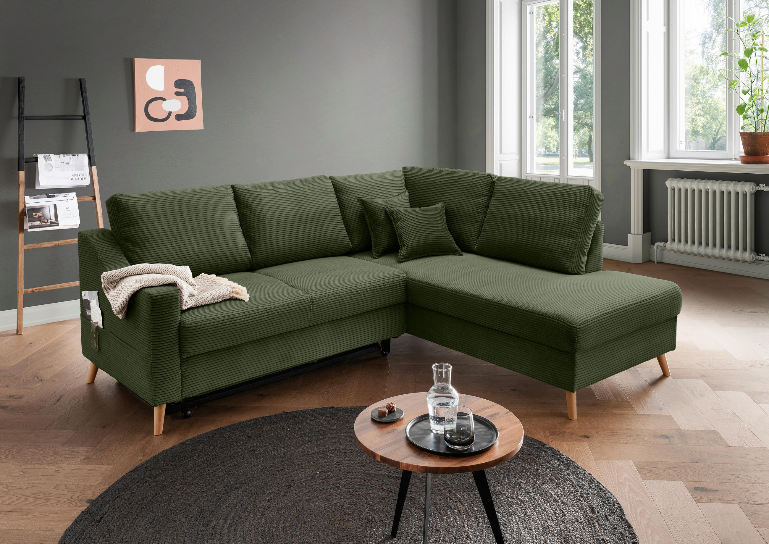 ECKSOFA Valentina Dunkelgrün Cord  - Dunkelgrün/Naturfarben, MODERN, Holz/Textil (230/200cm) - Livetastic