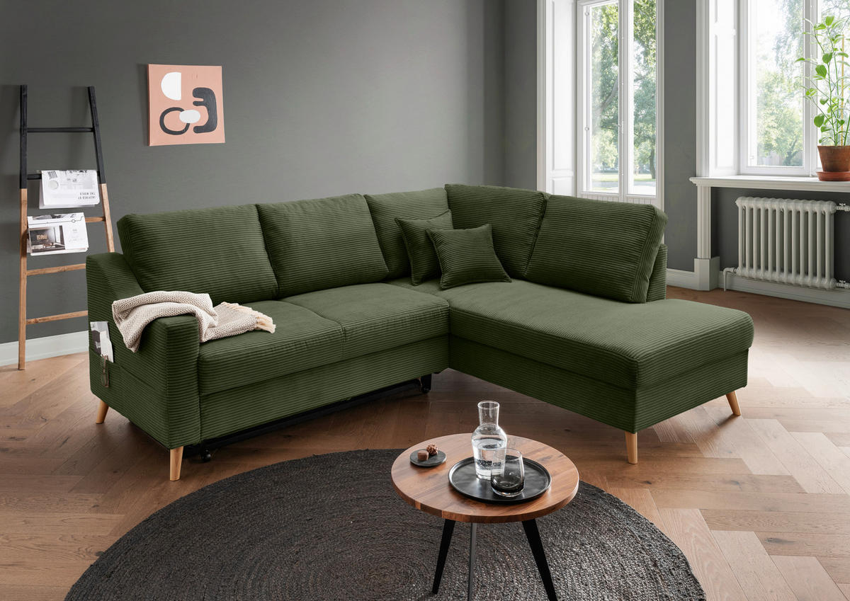 ECKSOFA in Cord Dunkelgrün  - Dunkelgrün/Naturfarben, MODERN, Holz/Textil (230/200cm) - Livetastic