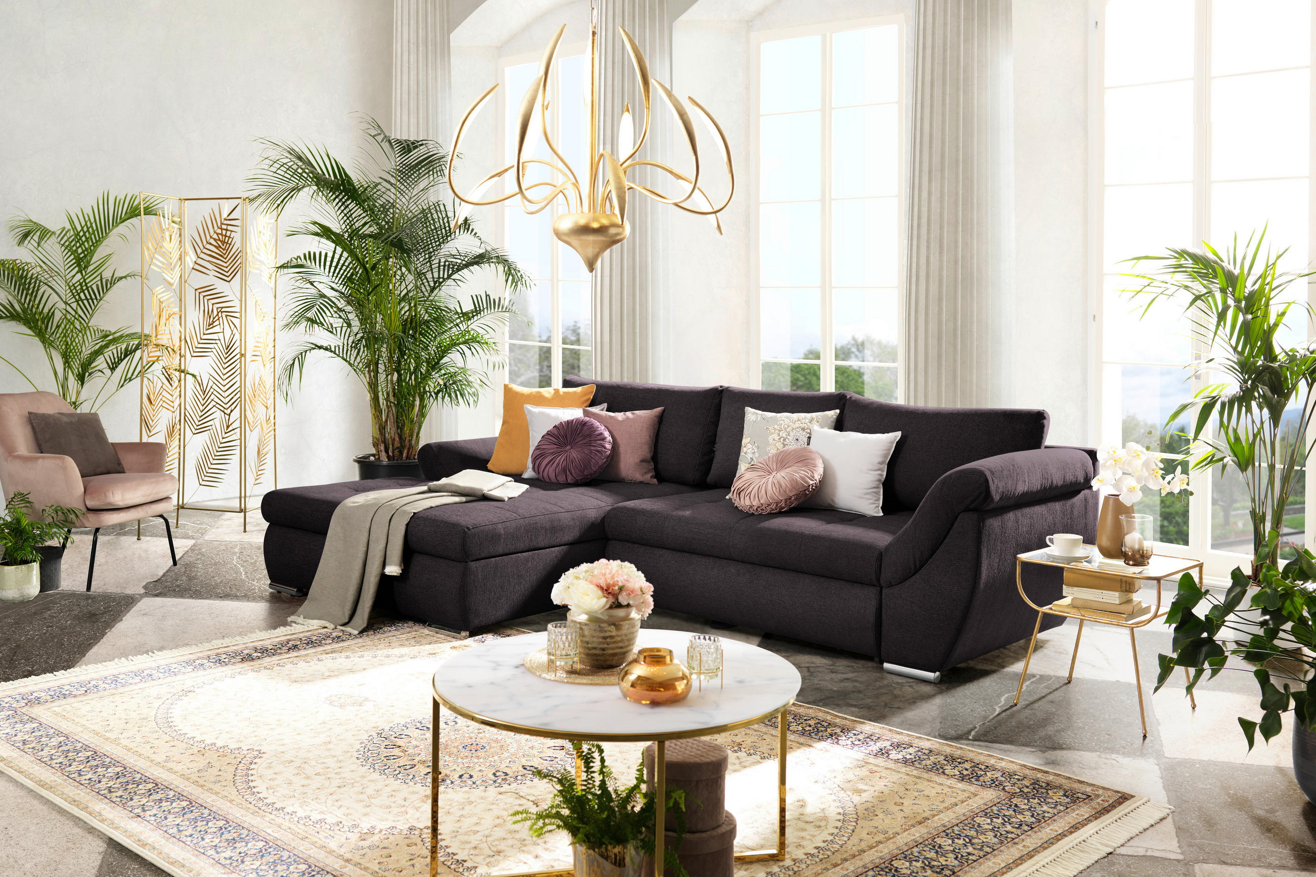 ECKSOFA Dunkelbraun Flachgewebe  - Dunkelbraun/Silberfarben, Design, Textil/Metall (174/306cm) - Carryhome