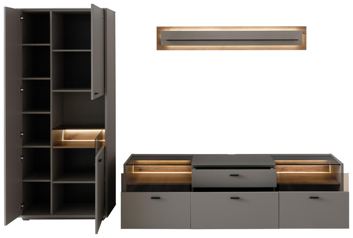 REGAL ZA DNEVNI BORAVAK siva, boje hrasta   - siva/boje hrasta, Design, staklo/drvni materijal (301/200/44cm) - Stylife