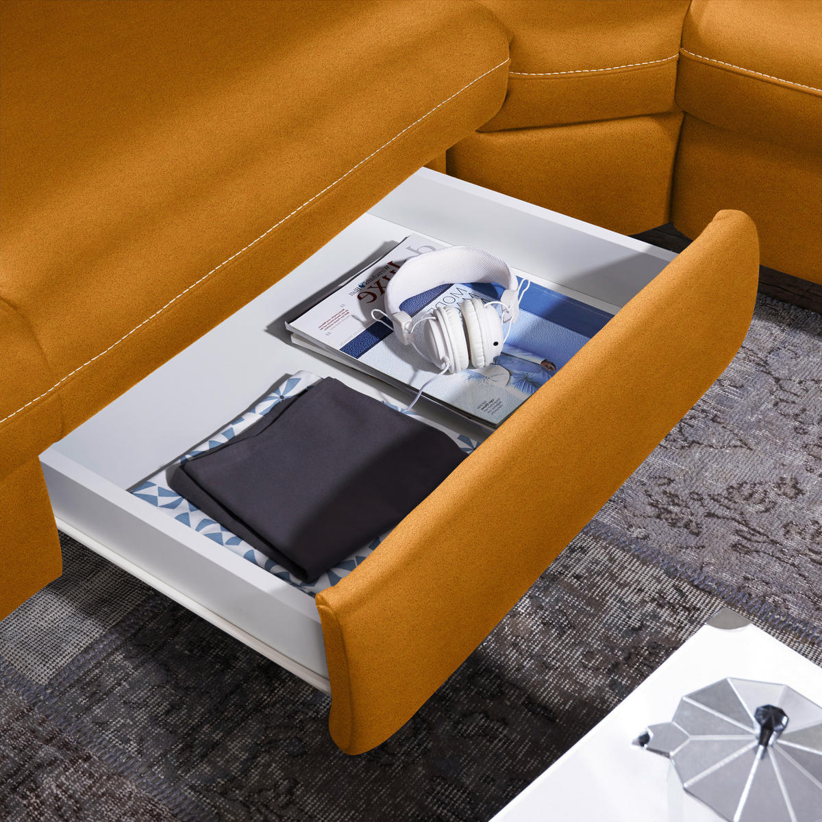 ECKSOFA in Flachgewebe, Mikrofaser Orange  - Beige/Alufarben, Design, Textil/Metall (239/271cm) - Cantus