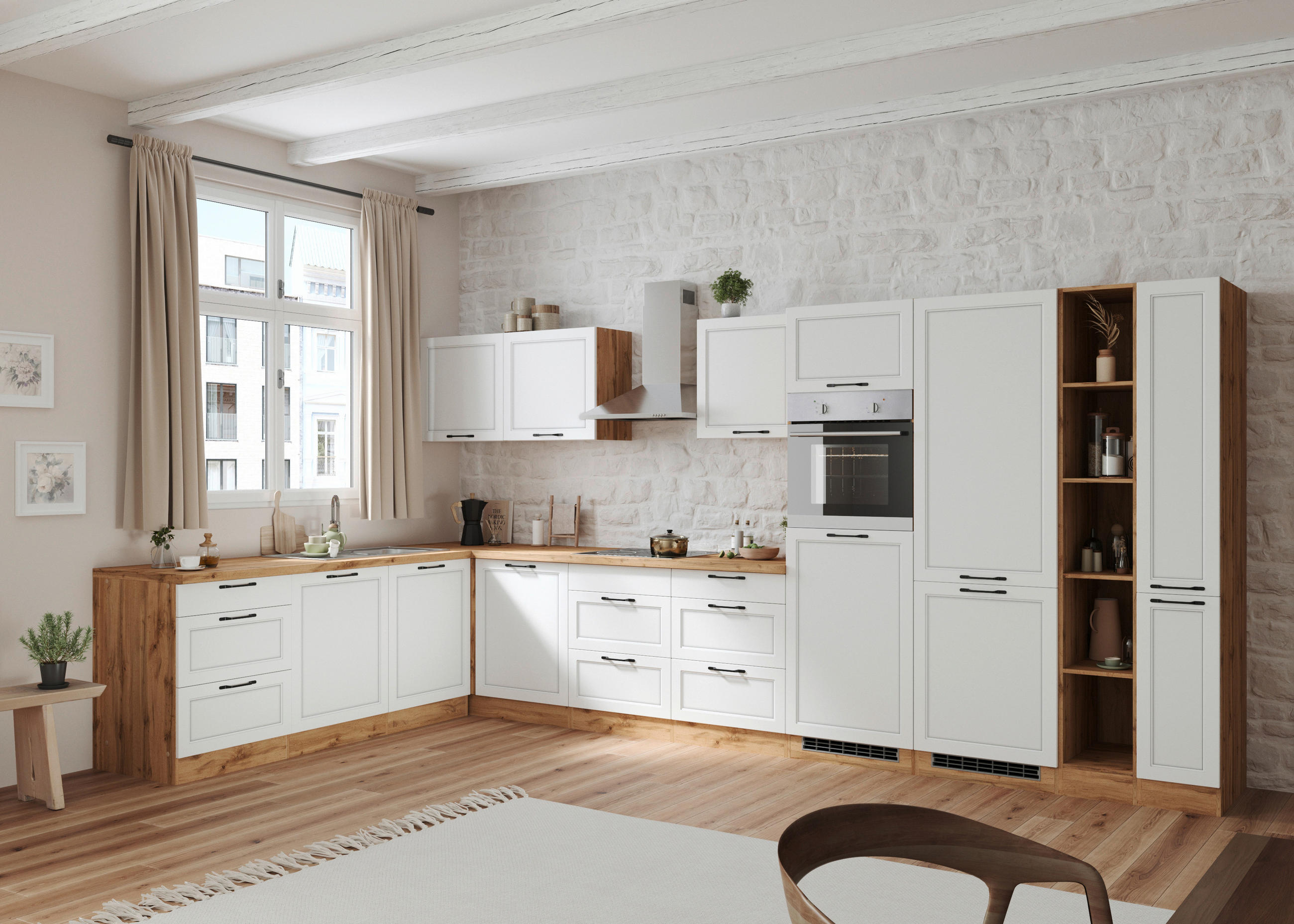 Eckküche Meran mit Geräten 240x420 cm Weiß/Eiche Dekor