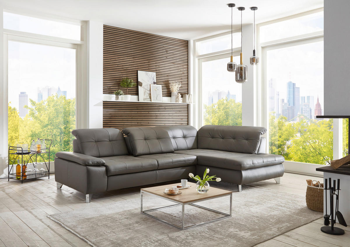 ECKSOFA in Echtleder Grau  - Alufarben/Grau, Design, Leder/Metall (309/211cm) - Beldomo Speed