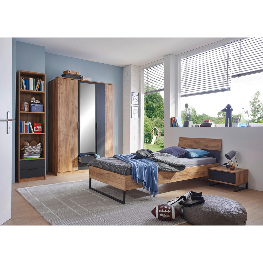 Thumbnail - Boxxx Regal, Graphit, Plankeneiche, Holzwerkstoff, 3 Fächer, 2 Schubladen, 48x197x40 cm, Wohnzimmer, Regale, Bücherregal...