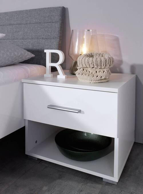 NOČNA OMARICA, bela, visoki sijaj - bela/barve aluminija, Konvencionalno, umetna masa/leseni material (47/43/44cm) - Rauch Möbel