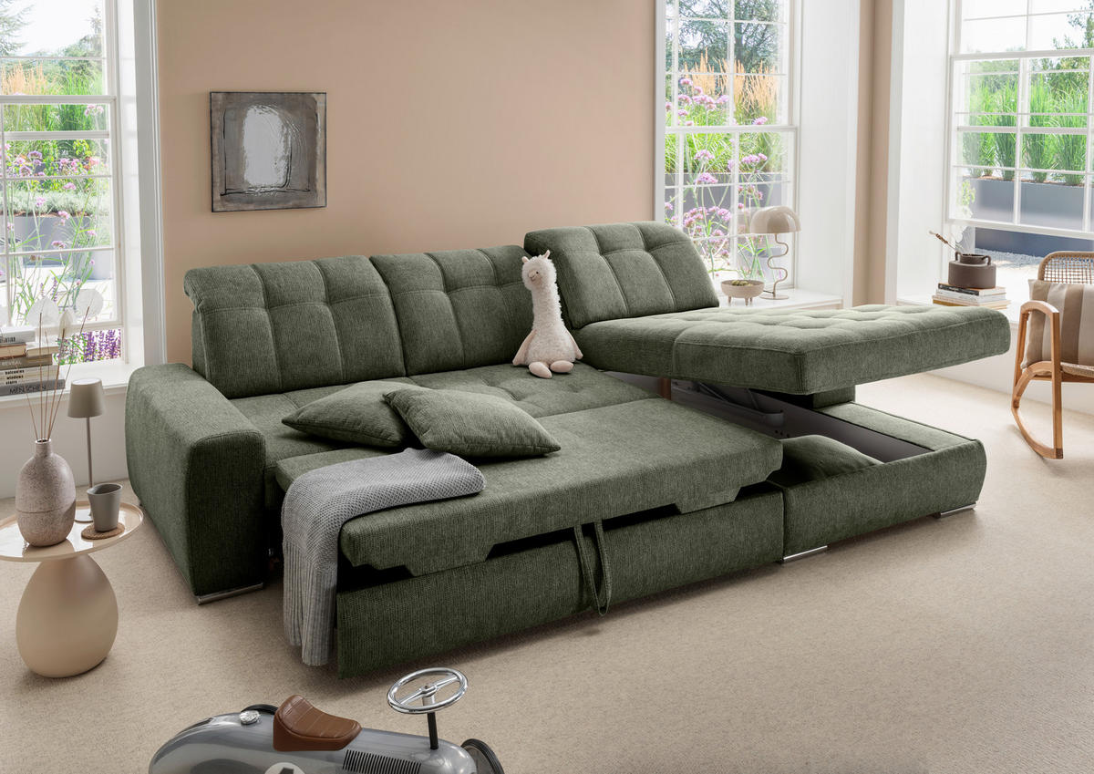 ECKSOFA Chenille Dunkelgrün  - Chromfarben/Dunkelgrün, Konventionell, Textil/Metall (283/186cm) - Livetastic
