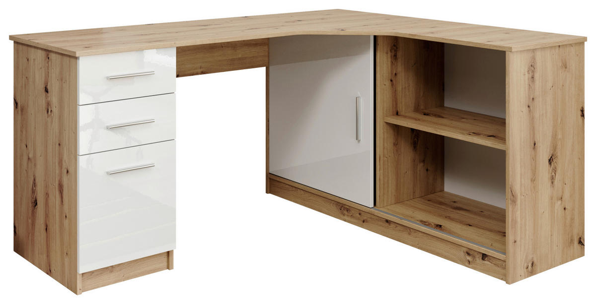 KOTNA PISALNA MIZA leseni material bela, barve hrasta  - barve hrasta/bela, Konvencionalno, umetna masa/leseni material (150/120/75cm) - Venda