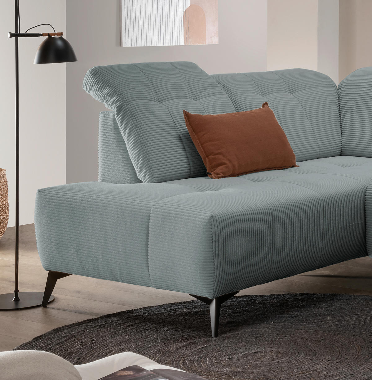 WOHNLANDSCHAFT SANO Hellblau Cord  - Schwarz/Hellblau, MODERN, Textil/Metall (200/337/180cm) - Livetastic