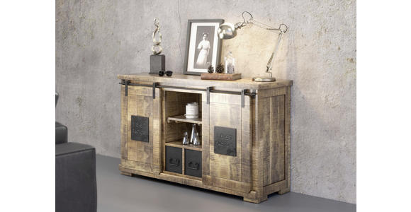 SIDEBOARD Mangoholz massiv Naturfarben, Schwarz Kabeldurchlass, Einlegeböden  - Schwarz/Naturfarben, KONVENTIONELL, Holz/Holzwerkstoff (145/85/45cm) - Landscape