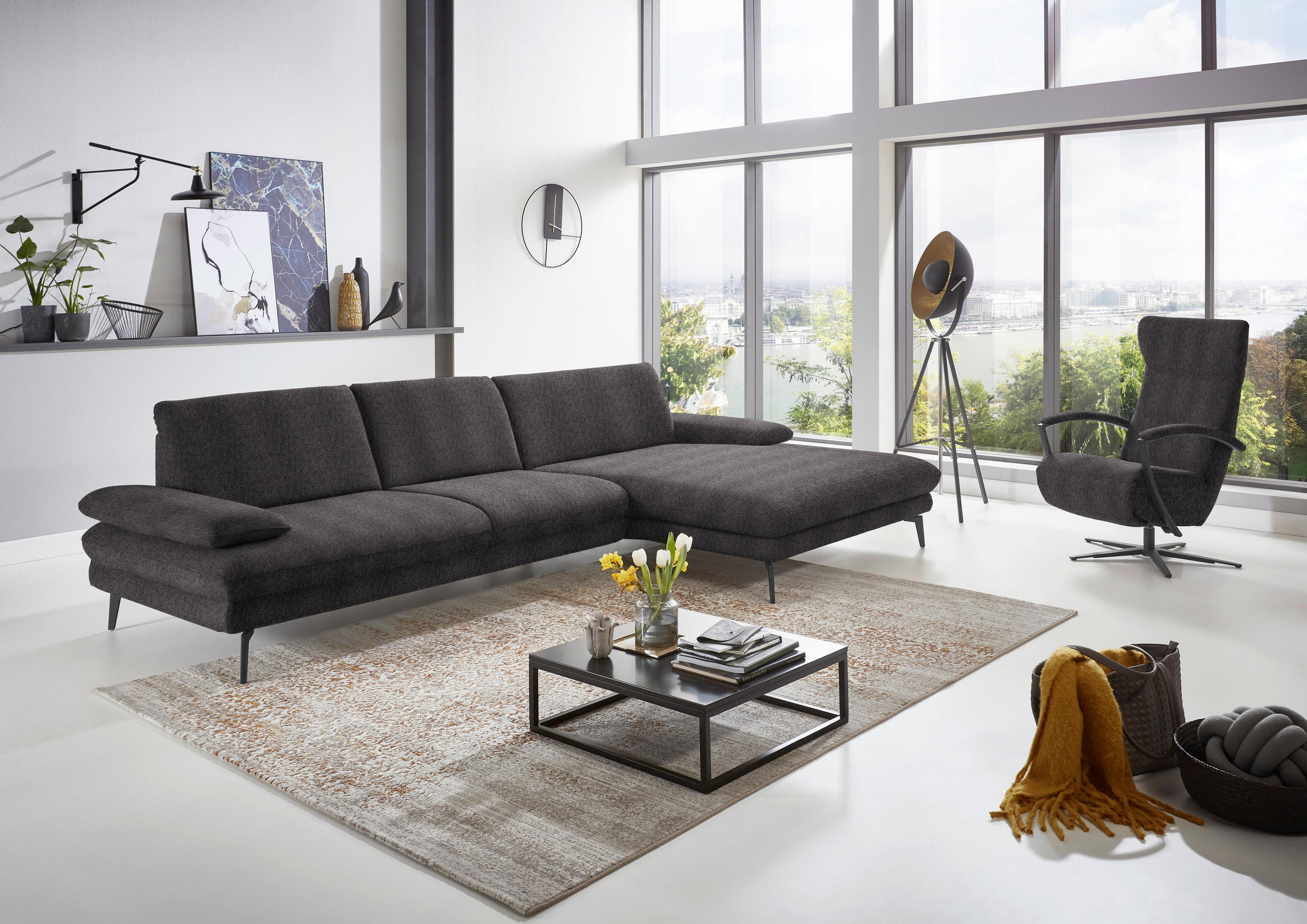 ECKSOFA in Chenille Anthrazit  - Anthrazit/Schwarz, Design, Textil/Metall (310/180cm) - Dieter Knoll
