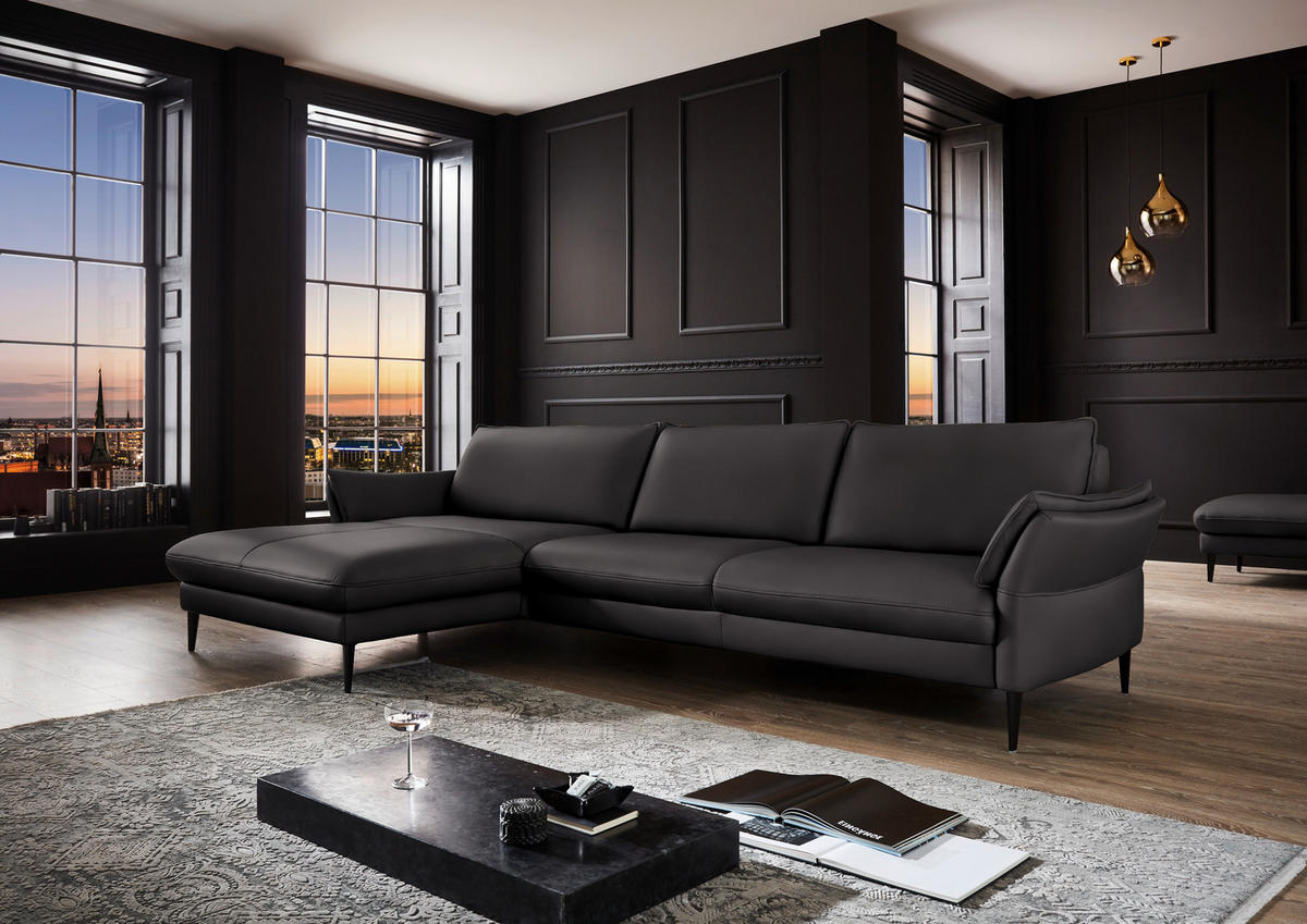 ECKSOFA in Echtleder Dunkelbraun  - Dunkelbraun/Schwarz, Design, Leder/Metall (172/334cm) - Hukla
