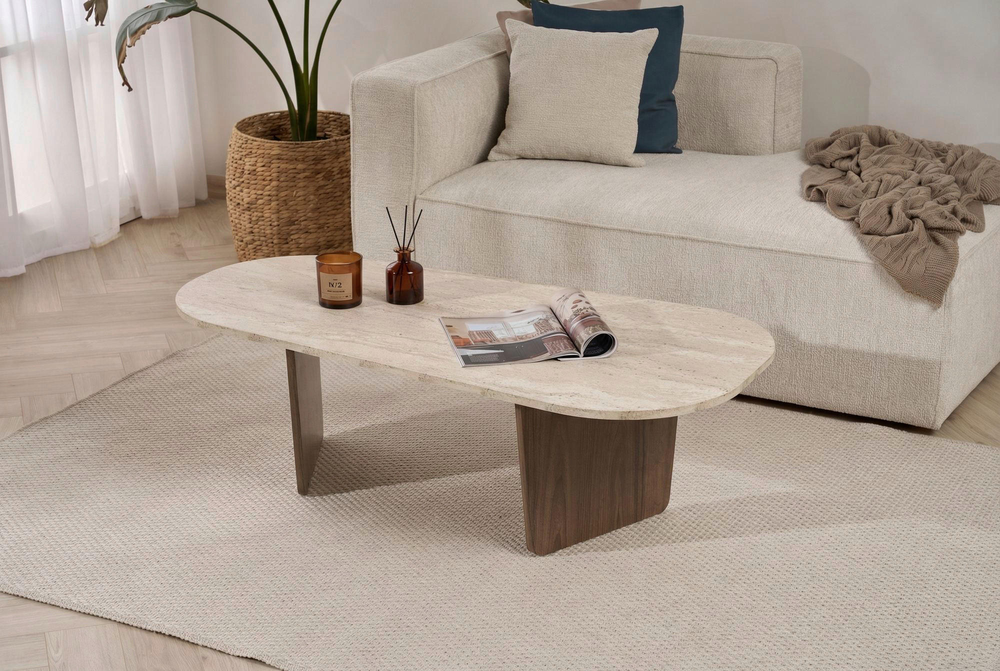 Mid.you Couchtisch Creme, Walnuss 65x40x130 cm