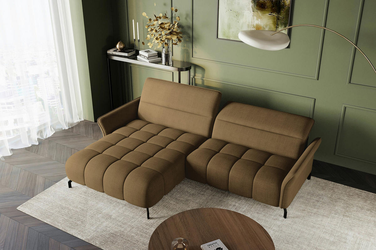 ECKSOFA Olivgrün Flachgewebe Rücken echt, Kopfteilverstellung, Sitztiefenverstellung  - Schwarz/Olivgrün, KONVENTIONELL, Textil/Metall (175/272cm) - Carryhome